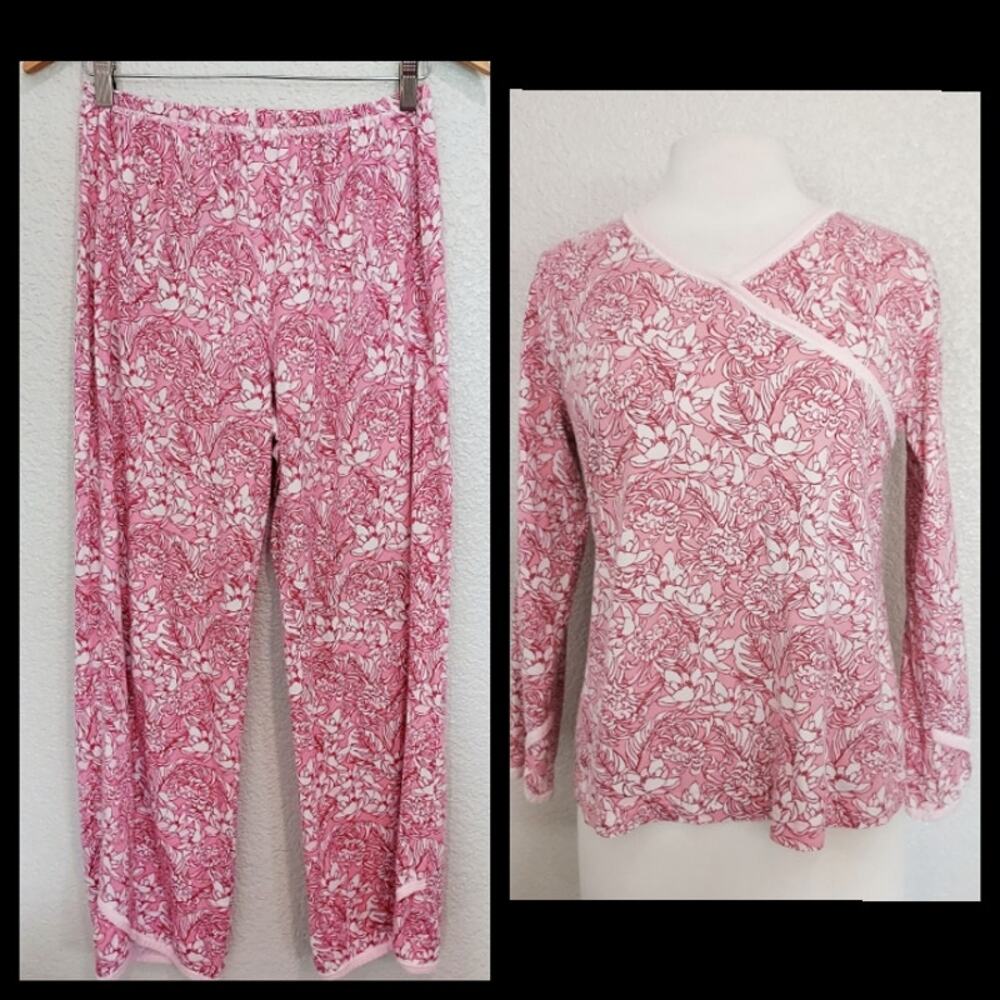 Garnet Hill Pink Floral Matching Pajama Long Sleeve Top Long Pant Bottoms Size S